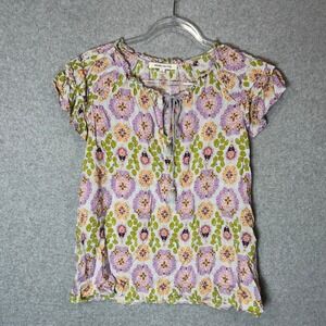 Rose & Olive Blouse Womens Large Floral Print Short Sleeve Tie Neck Top